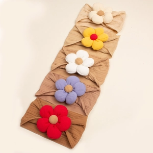 Set of 5 baby ribbed knit headbands with colorful corduroy 3D flower decorations