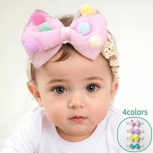 Cute Baby Lace Headband Mesh Bow Hairband With Colorful Pom-poms Elastic Newborn Infant Toddler Floral Hair Accessories
