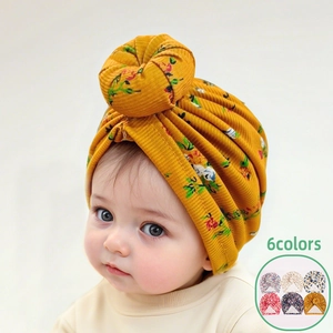 Baby Girls Ribbed Floral Print Donut Knot Turban Hat Soft Polyester Headwrap For Infants Toddlers Photography Accessories