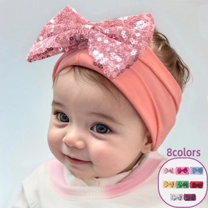 Bandeau Bébé Fille en Nylon Élastique Avec Grand Nœud en Paillettes Bandeau Cheveux Doux Accessoires de Coiffure Princesse Mignonne