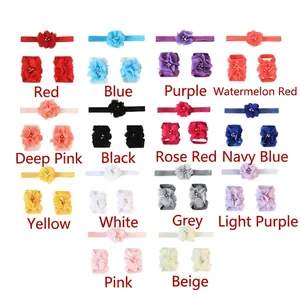 Set of baby headbands and foot flowers with chiffon petals and pearl rhinestones in 14 colors