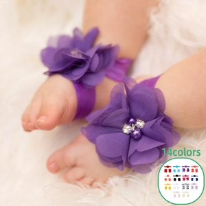Chiffon Flower Headband And Barefoot Sandals For Baby Girls Handmade Artificial Pearl Rhinestone Infant Hair Accessories Toddler Accessory