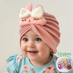 Cute Baby Turban Hat Rabbit Bow Ribbed Tie-dye Pullover Hat Soft Warm Infant Beanie For Newborn Toddler Girls Boys Accessories