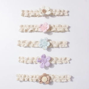 Set of 5 elastic baby lace headbands with colorful handmade fabric flowers for infants