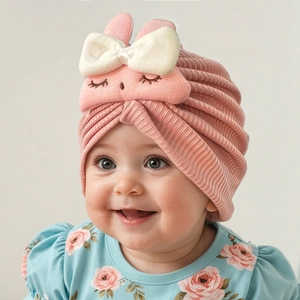 Pink ribbed baby hat with cute bunny doll and white bow on an infant model