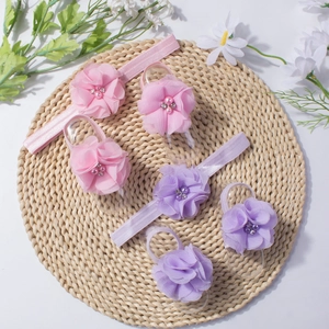 Pink and purple baby headband and barefoot sandals set with chiffon rhinestone flowers