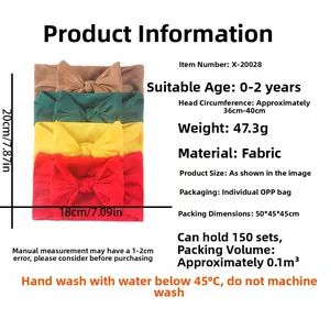 Size chart for 4-pack elastic baby headbands in brown, green, yellow, and red colors