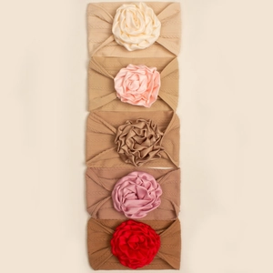 5pcs set of infant elastic headbands featuring ribbon rose flowers in assorted colors
