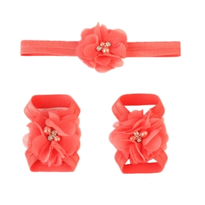 Detailed set of baby coral chiffon flower headband and matching barefoot sandals