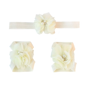 Detailed set of baby chiffon flower headband and barefoot sandals with pearls