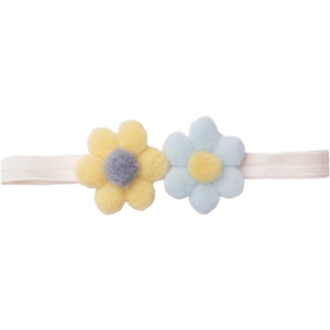 Détail macro du bandeau élastique pour bébé avec fleurs en peluche douce et colorée