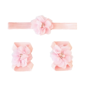 Three-piece baby set with pink chiffon flower headband and matching barefoot sandals