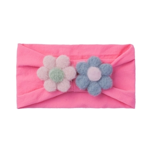 Elastic nylon baby headband with colorful plush flowers and soft rose red knitted band