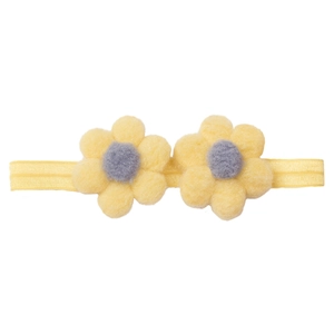 Bandeau élastique pour bébé avec deux fleurs en feutre jaune et centre violet sur fond blanc