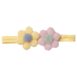 Vue détaillée du bandeau bébé avec fleurs en peluche douce sur élastique jaune