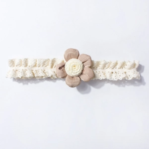 Lace baby headband with handmade flower in beige and brown, stretch headwear for infants