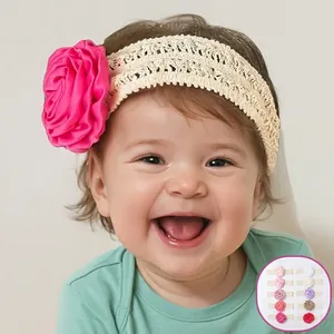 Bandeau à Cheveux en Dentelle avec Fleur pour Bébé Fille Souple Élastique en Satin Rose Accessoires de Coiffure pour Nouveau-né Accessoires de Photographie