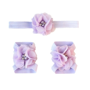 Lavender chiffon flower baby headband and barefoot sandals set with pearls and rhinestones