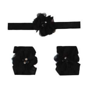 Detailed view of 3-piece baby chiffon flower set with headbands and barefoot sandals