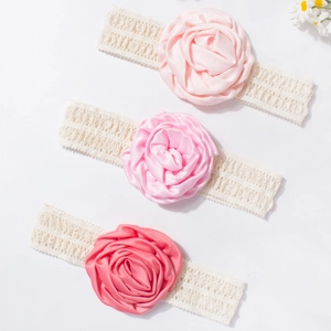 Ensemble de 3 bandeaux pour bébé en dentelle avec fleurs de satin dans des tons roses