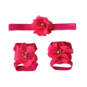 Three-piece baby gift set featuring pink chiffon flower headband and barefoot sandals