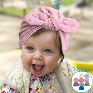 Baby Turban Hat Large Bow Ribbed Pullover Hat For Infants Toddlers Soft Polyester Knit Beanie Hat Fashion Headwrap