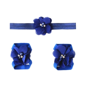 Navy blue baby headband and barefoot sandals set with chiffon rhinestone flowers