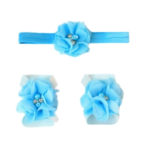 Three-piece baby set with sky blue chiffon flower headband and matching barefoot sandals