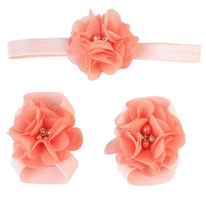 Three-piece set of coral chiffon flower baby headband and barefoot sandals with rhinestones