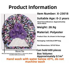 Detailed size chart and material specs for floral baby turban with chiffon flowers