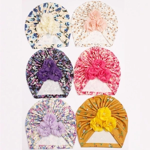 Floral ribbed cotton baby turbans with 3D handmade flowers and pearl accents for infants