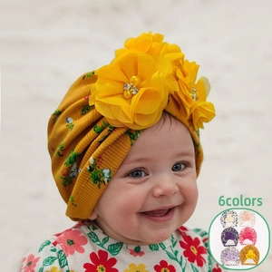 Baby Turban Hat Floral Print 3D Chiffon Flowers Rhinestone Artificial Pearl Soft Polyester Beanie Headwrap For Infant Girls