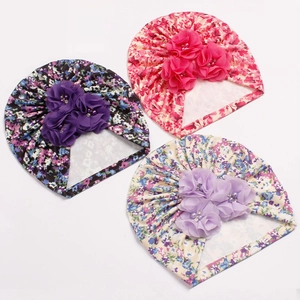 Three-pack floral baby turban hats with ribbed fabric and 3D floral pearl accents
