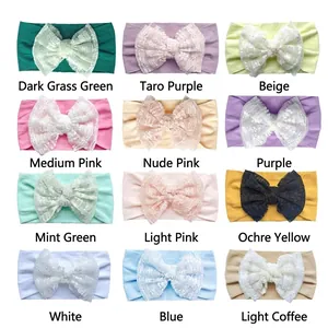 Set of 12 colors of soft elastic baby headbands with double-layer lace bows