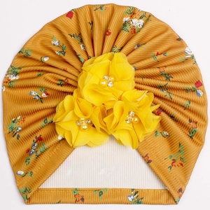 Ginger yellow floral baby turban with large 3D flowers and faux pearl details