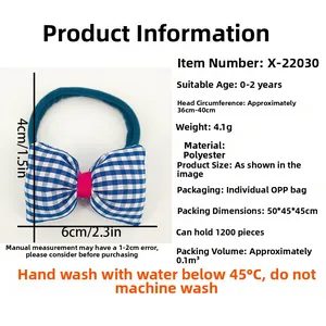 Detail showing blue plaid baby bow headband with size measurements and material specs