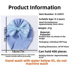 Detailed size chart for baby waffle knit turban hat with silver star tulle bow