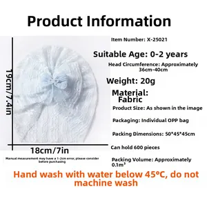 Detailed size chart for baby bow hats with measurements and washing instructions