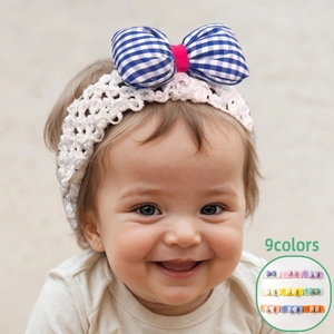 Bandeau à Nœud pour Bébé Fille Bandeau en Tricot Crochet Doux Motif Gingham Plaid Nœud Papillon Élastique pour Nouveau-né