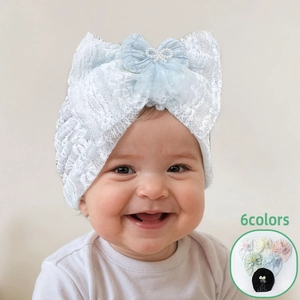 Baby Turban Hat Lace Floral Large Bow Artificial Pearl Breathable Mesh Infant Beanie Newborn Toddler Headwrap Photography Prop Accessory