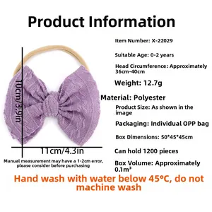 Guide détaillé des tailles et matières pour bandeau bébé violet avec nœud tricoté