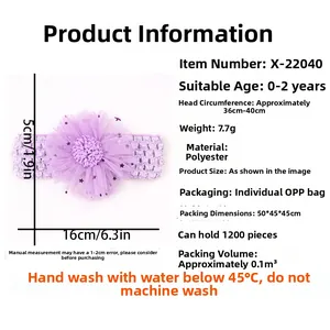 Guide des tailles du bandeau bébé à fleur violette avec tour de tête élastique de 36-40cm