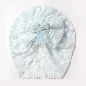 Light blue lace baby turban hat with breathable mesh bow and elegant pearl accent