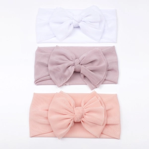 Three-pack soft mesh bow headbands for babies in white, lotus pink, and orange colors