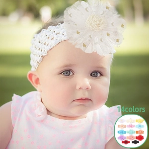 Bandeau Bébé Fille en Tricot Ajouré Polyester avec Fleur en Maille et Paillettes Étoiles Turban Respirant Accessoire Cheveux