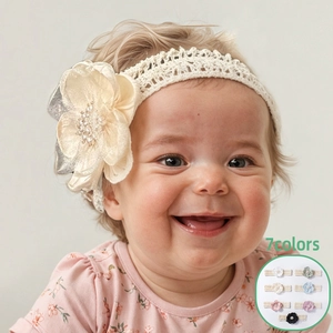 Bandeau Bébé en Dentelle Élastique Avec Grande Fleur en Organza Fausse Künstliche Perle Turban Douce pour Accessoires de Photographie Fillette