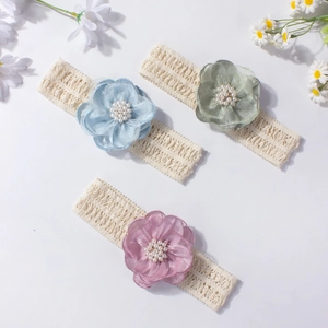 Lot de 3 bandeaux élastiques en dentelle pour bébés avec fleurs en organza et perles