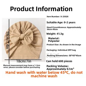 Tableau des tailles et conseils de lavage pour ce bonnet pour nouveau-né avec nœud