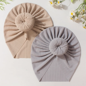 Ribbed knit baby turban hats with donut knot design in beige and grey colors