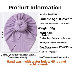 Bonnet turban violet pour bébé avec nœud donut et perle pour enfants de 0 à 2 ans